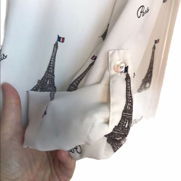 Forever 21 Paris Eiffel Graphic Print Tower Button Down Blouse White S - Picture 9 of 13